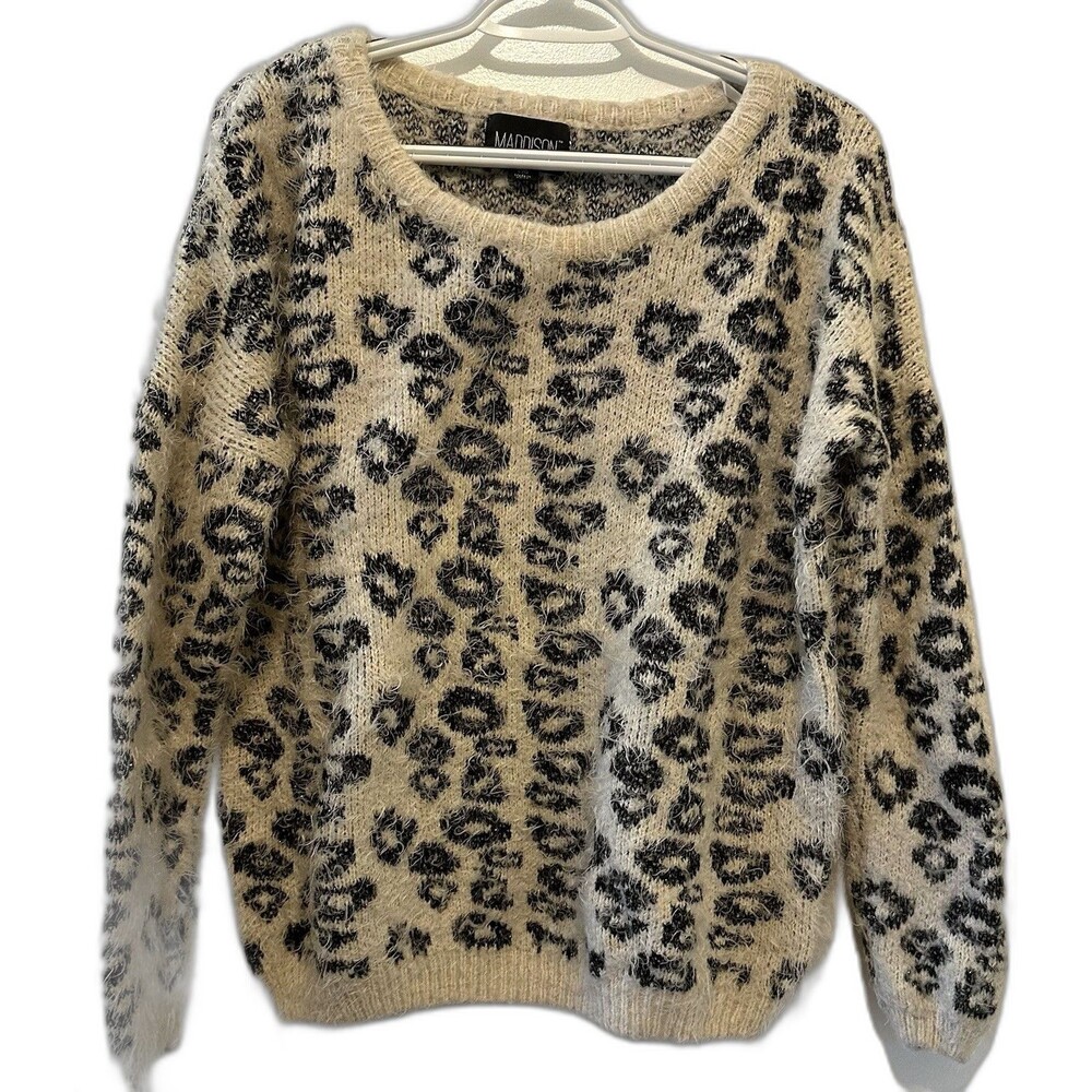 Maddison Leopard Sweater Women L Fuzzy Eyelash Metallic Animal Print Cream Black